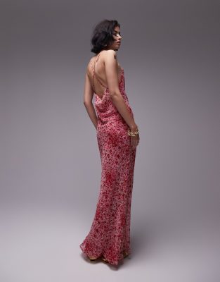 occasion maxi slip dress in red floral print