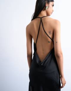 Model wearing Occasion mixed fabric cowl neck dress in black