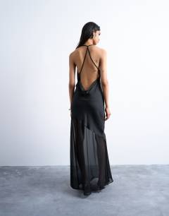 Model wearing Occasion mixed fabric cowl neck dress in black