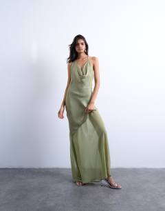 Occasion mixed fabric cowl neck dress in soft green