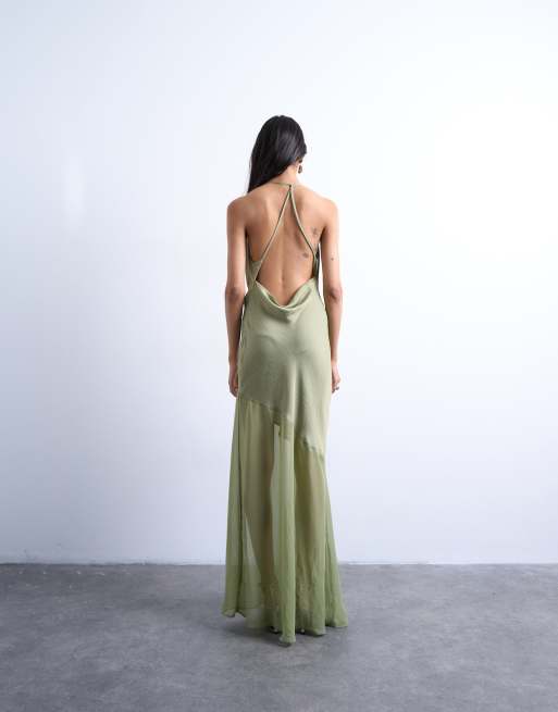 Topshop occasion mixed fabric cowl neck dress in soft green, 2 of 4