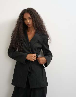 Topshop Occasion Plisse Tie Waist Blazer In Black