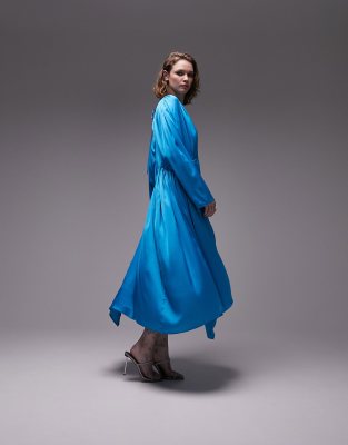 occasion ruched detail long sleeve midi dress in azure blue