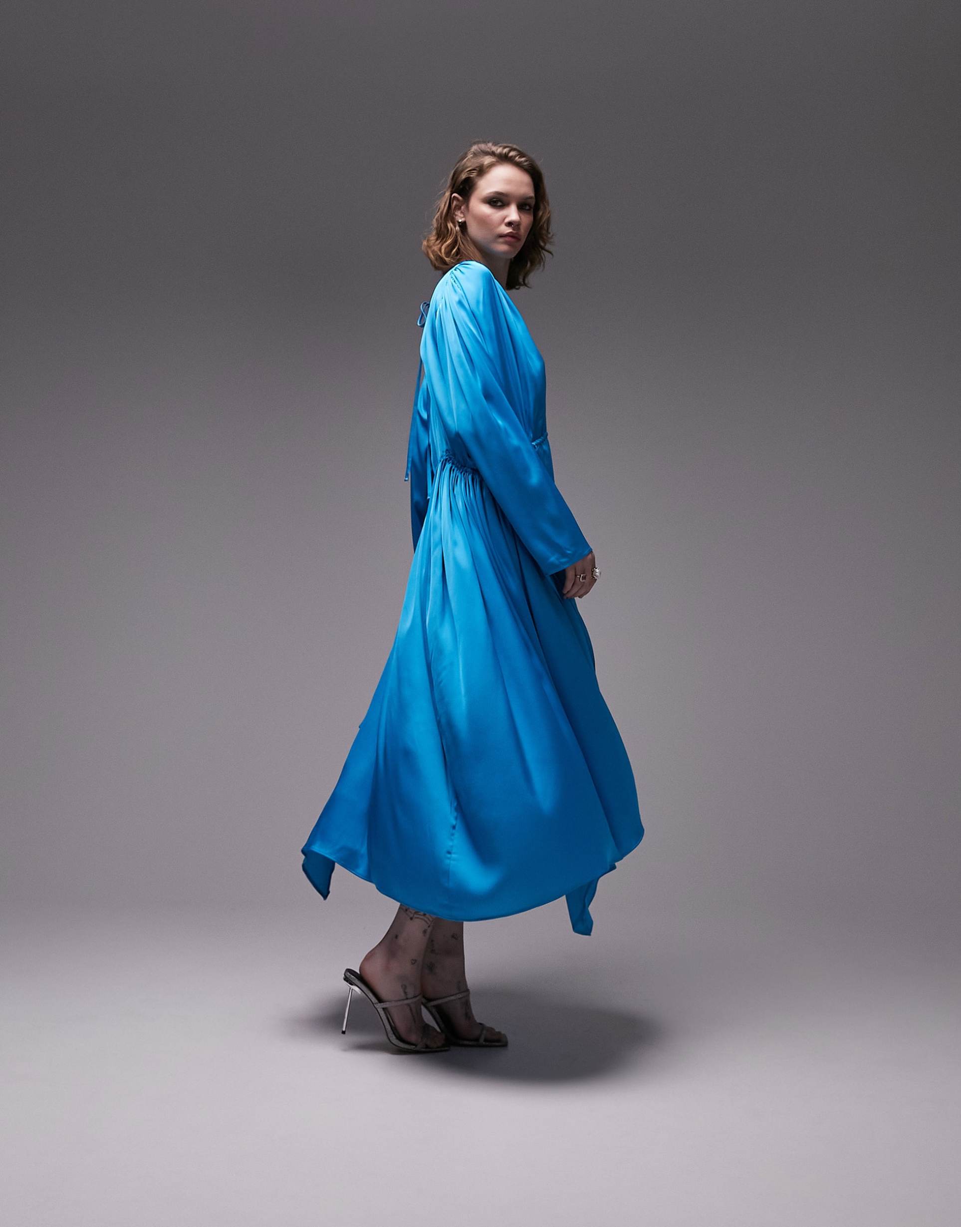 topshop occasion ruched detail long sleeve midi dress in azure blue