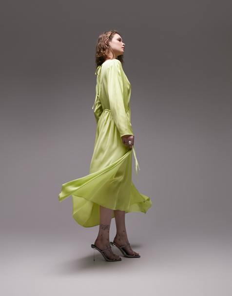 Topshop occasion ruched detail long sleeve midi dress in lime - view 1
