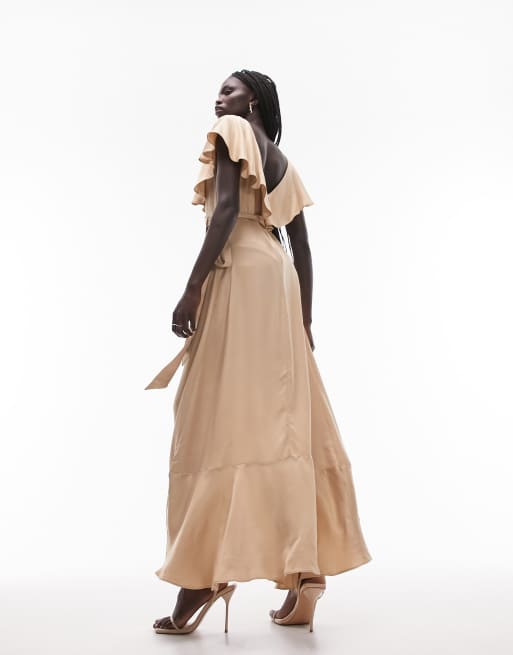 Topshop occasion satin frill wrap midi dress in gold