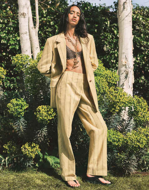 Topshop occasion stripe clean front pants in yellow (part of a set) - view 1