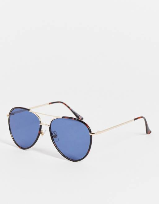 Topshop - Occhiali da sole aviatore tartarugati con lenti blu