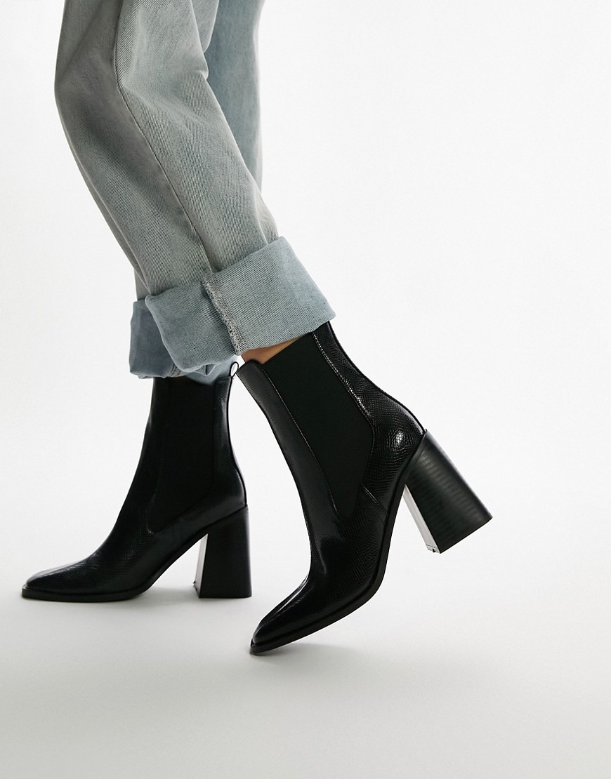 Topshop Ocean square toe heeled chelsea boot in black