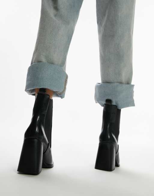 Topshop Ocean square toe heeled chelsea boot in black, 3 of 4
