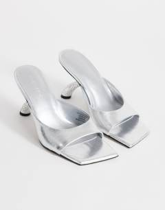 Model wearing Octavia strappy high diamante heel sandal in silver