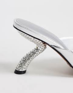 Model wearing Octavia strappy high diamante heel sandal in silver