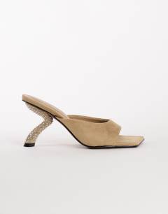 Model wearing Octavia strappy high diamante heel sandal in taupe