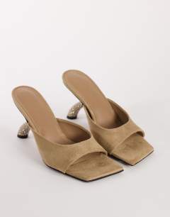 Model wearing Octavia strappy high diamante heel sandal in taupe