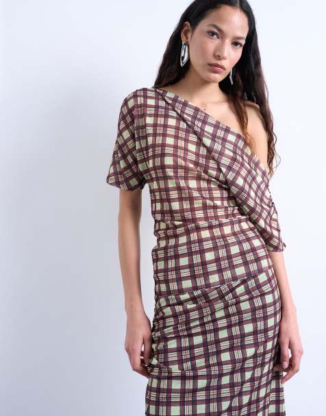 Topshop off shoulder drape mesh top in brown check - view 1