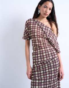 Off shoulder drape mesh top in brown check