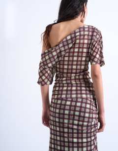 Model wearing Off shoulder drape mesh top in brown check