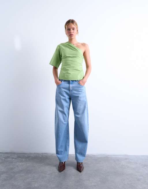 Topshop off shoulder drape neck in avocado green, 3 of 4