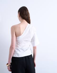 Model wearing Off shoulder drape neck in white
