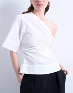 Model wearing Off shoulder drape neck in white