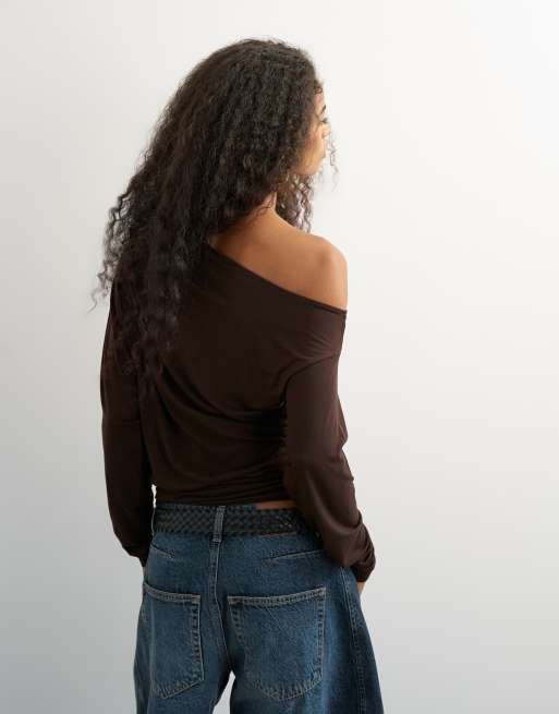 Topshop off shoulder long sleeve top in deep mahogany, 2 of 4