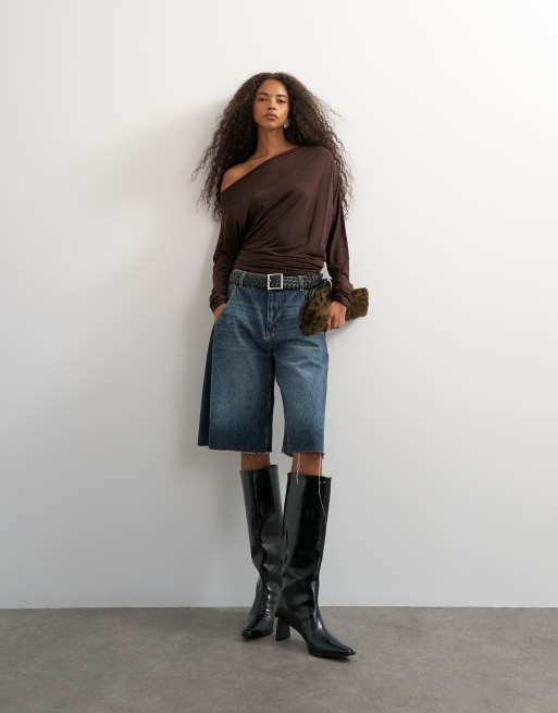 Topshop off shoulder long sleeve top in deep mahogany, 3 of 4