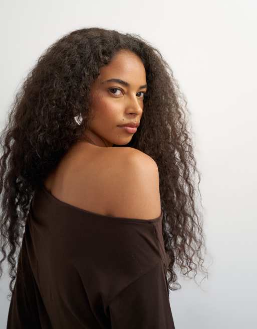 Topshop off shoulder long sleeve top in deep mahogany, 4 of 4