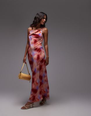 Topshop off shoulder midi dress in abstract pink print - view 1