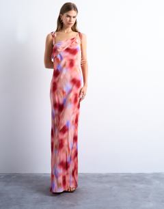 Model wearing Off shoulder midi dress in abstract pink print