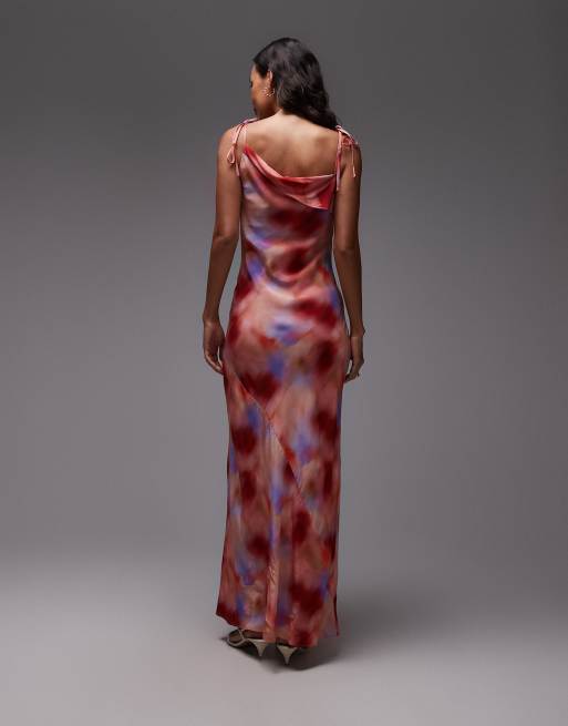 Topshop off shoulder midi dress in abstract pink print