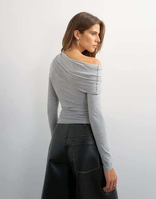 Topshop off shoulder ruched long sleeve top in grey marl, 3 of 4