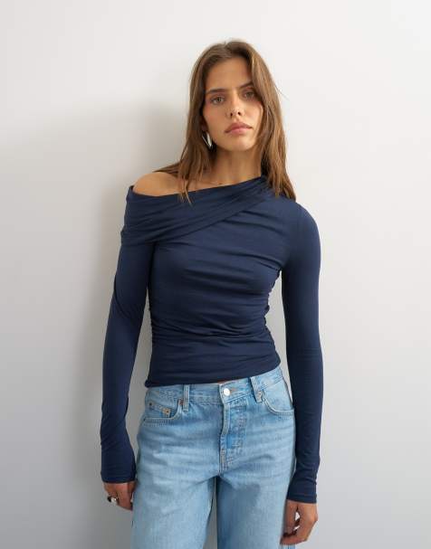 Topshop off shoulder ruched long sleeve top in navy - view 1