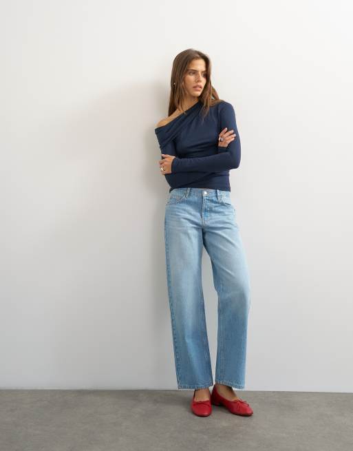 Topshop off shoulder ruched long sleeve top in navy, 2 of 4