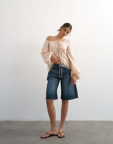 Topshop off shoulder tie detail lace trim blouse in ecru - view 1