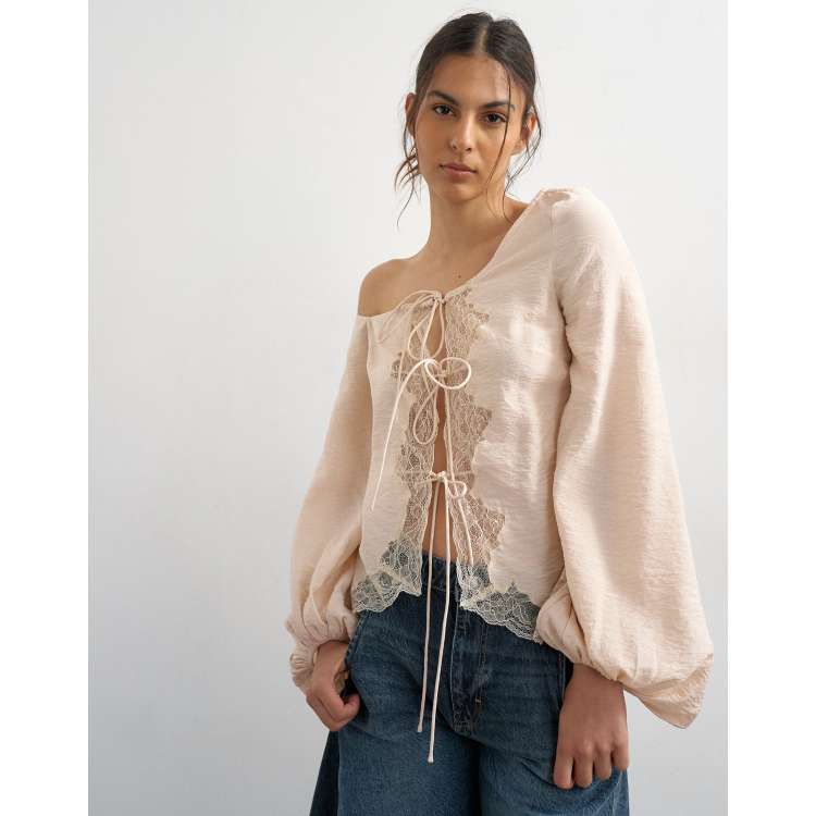 Topshop off shoulder tie detail lace trim blouse in ecru