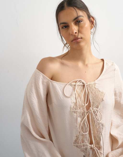 Topshop off shoulder tie detail lace trim blouse in ecru, 2 of 4
