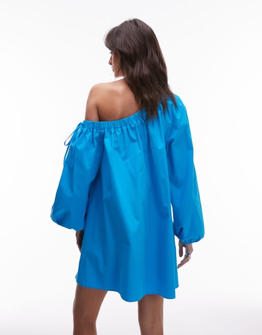 Topshop off shoulder trapeze poplin mini dress in turquoise, 2 of 4