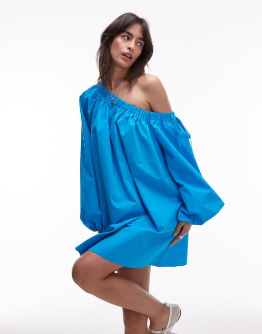 Topshop off shoulder trapeze poplin mini dress in turquoise, 3 of 4