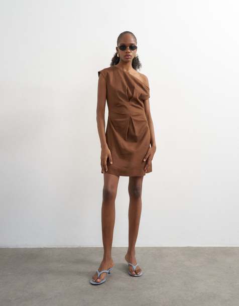 Topshop off shoulder tucked waist mini linen dress in chocolate - view 1