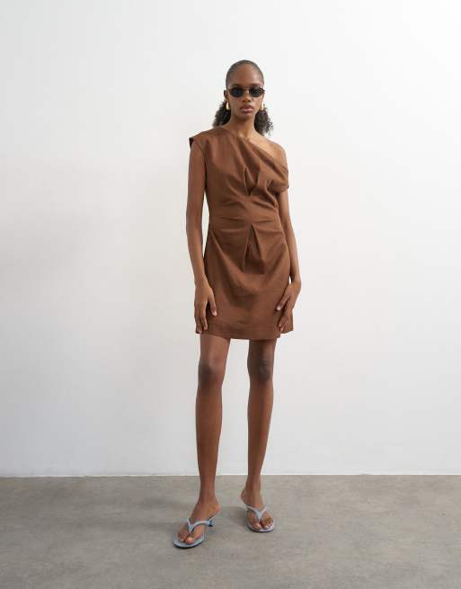 Topshop off shoulder tucked waist mini linen dress in chocolate | ASOS