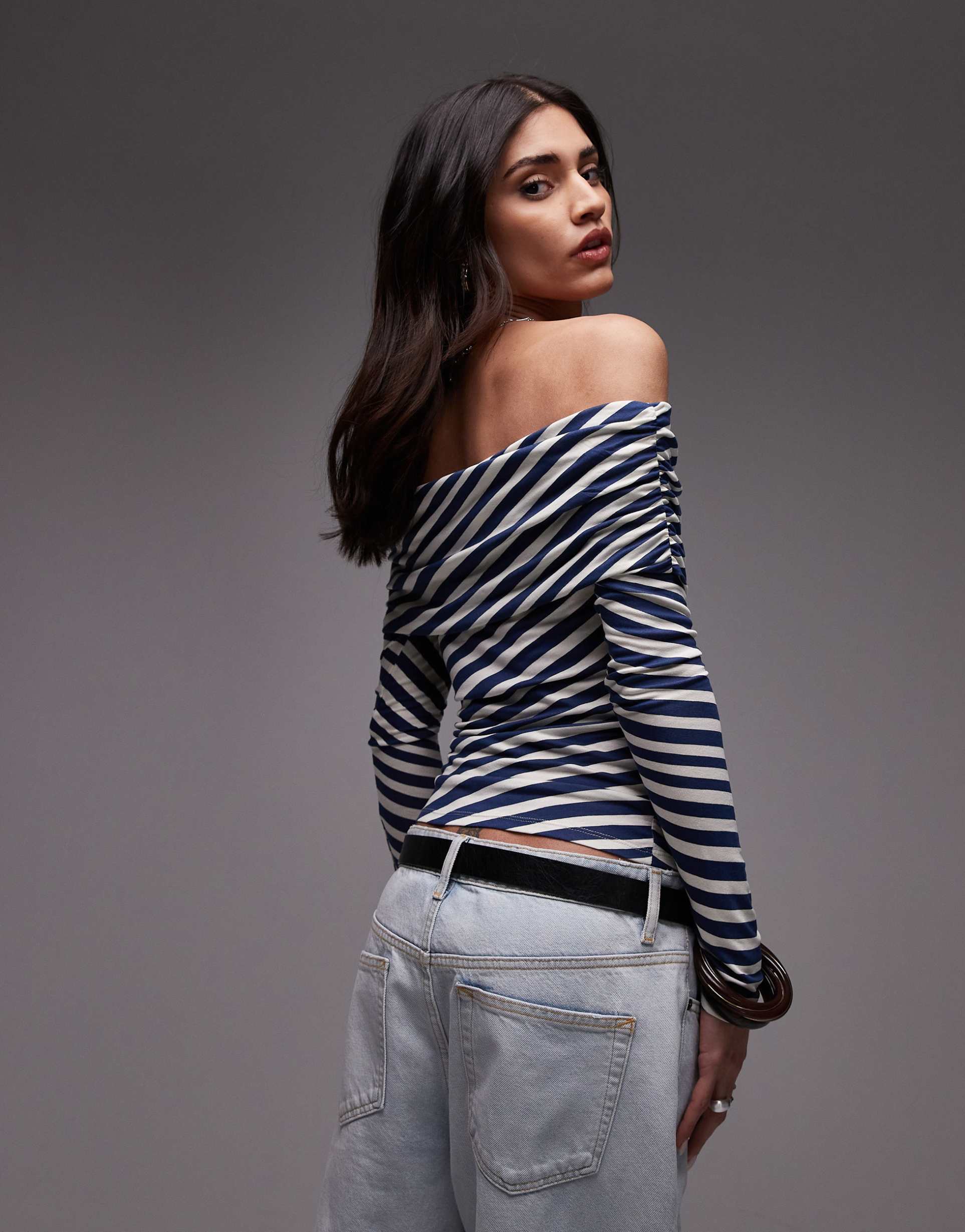 topshop off the shoulder bardot top in blue stripe