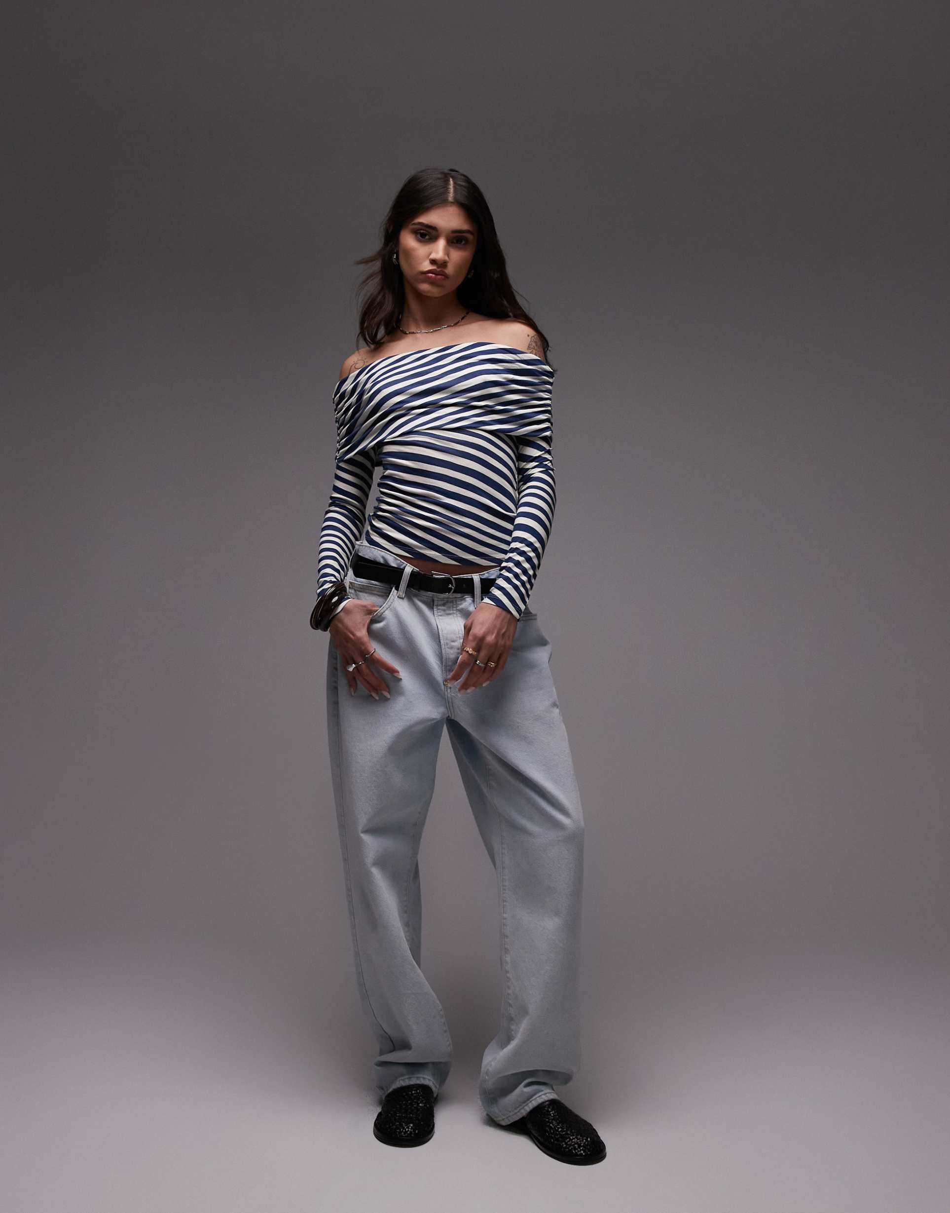 topshop off the shoulder bardot top in blue stripe