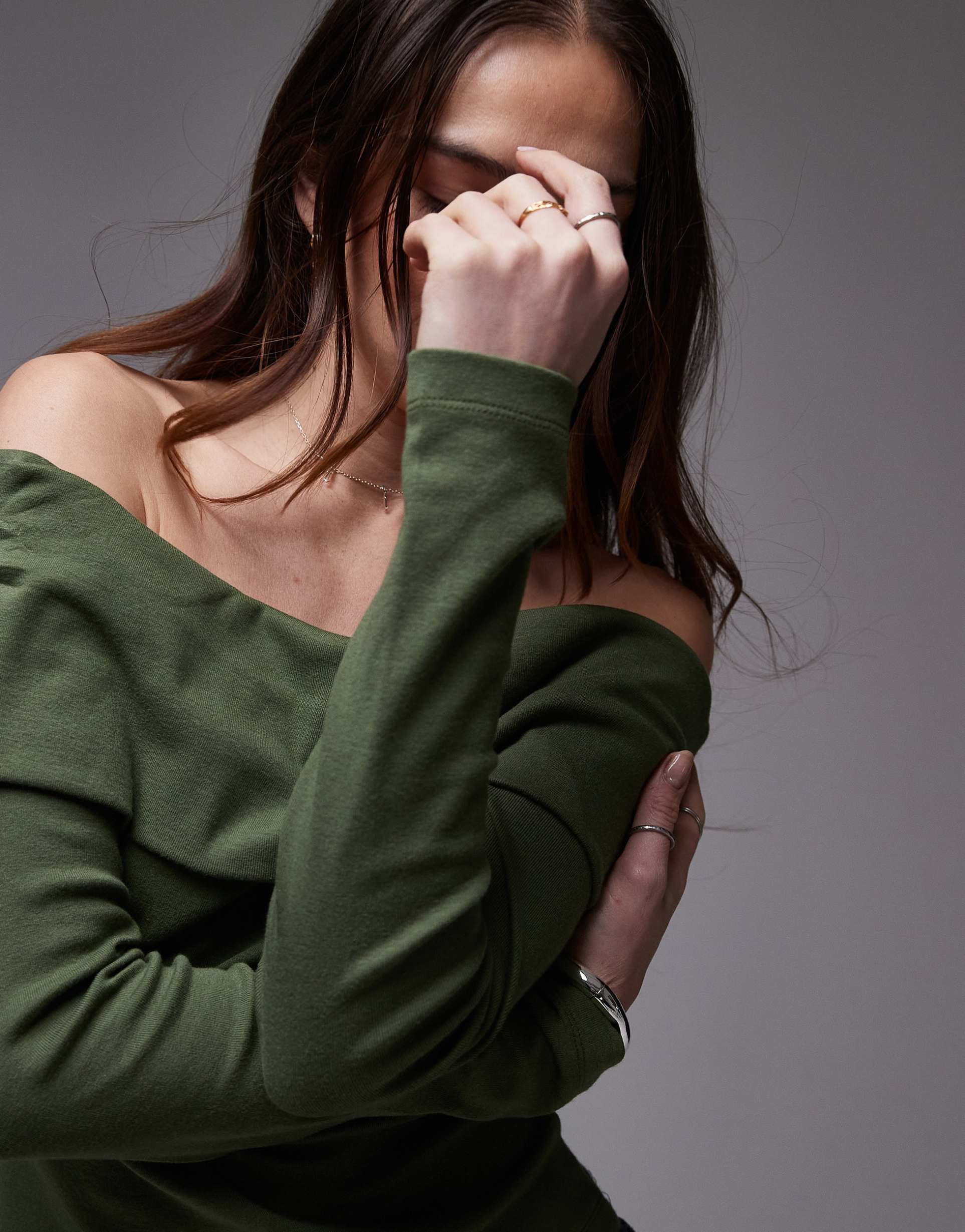 topshop off the shoulder jersey top in green