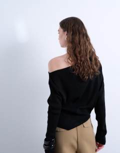 Model wearing Off the shoulder knitted top in black