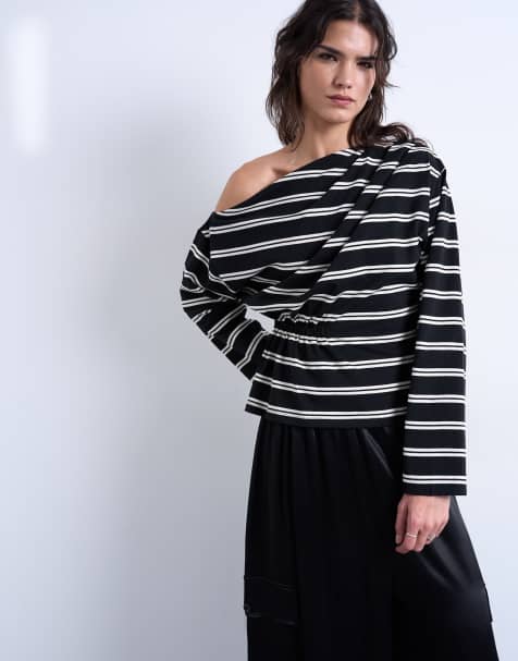 Topshop off the shoulder ruched detail long sleeve top in stripes - view 1
