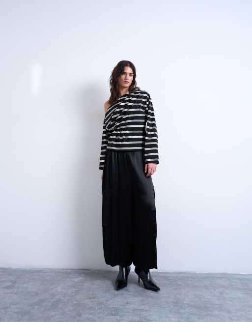 Topshop off the shoulder ruched detail long sleeve top in stripes, 2 of 4