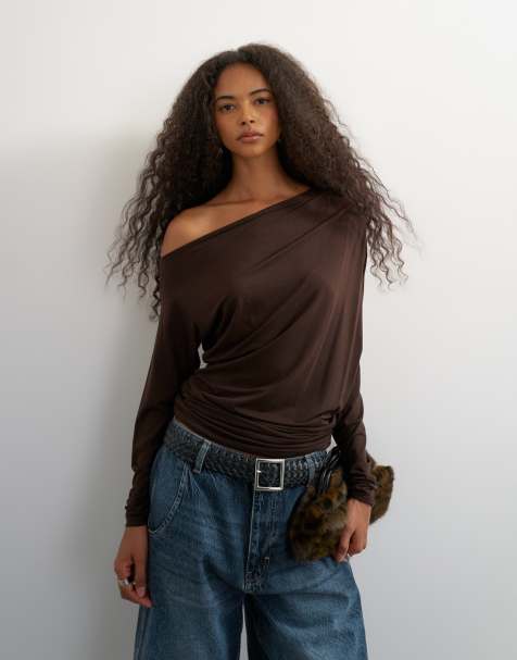 Topshop offshoulder-top med lange ærmer i dyb mahogni - view 1