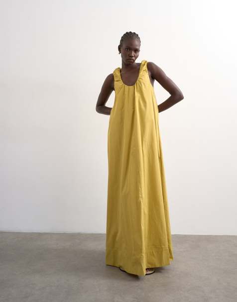 Topshop - Okkergul maxi-sommerkjole i poplin med rynket hals - view 1