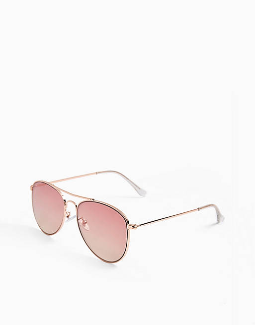 Topshop – Okulary przeciwsłoneczne typu aviator z różowymi lustrzanymi szkłami w metalowych oprawkach w kolorze różowego złota