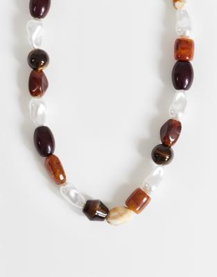Topshop Olive Bead Necklace In Brown